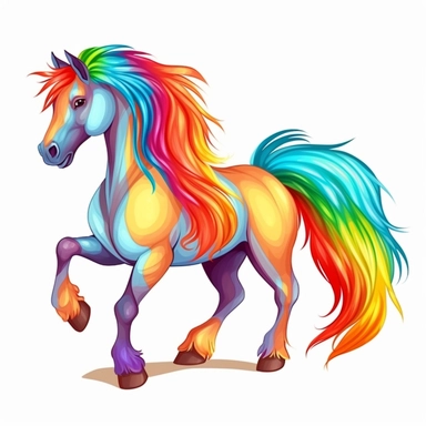 a cartoon beautiful horse, rainbow color hair and tail, dancing, full body image, horse clipart, white background