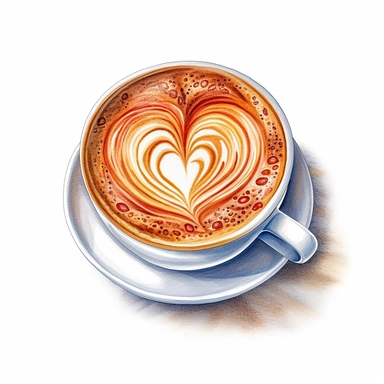 Isometric illumination of commercial shot of ultra - realistic watercolor painting of a really delicious coffee, latte art heart clipart, good looking food, delicious, yummy, foodie, healthy, white background no text, isolated on white, watercolor illustration, award winning, strong and sharp lines, upscale