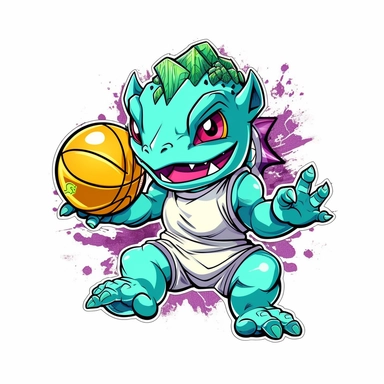 Pokemon Bulbasaur playing basketball in real action as Original LA lakers. Comic Design 3d clipart with black contours. White background