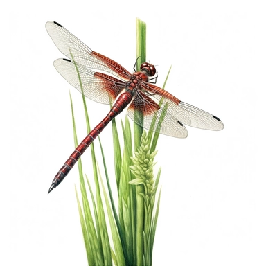 realistic watercolor & color pencil drawing of a red dragonfly resting on a single blade of curve green grass on a white background where the background will be removed to repurpose as a clipart.