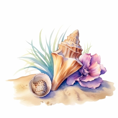 hand drawn sandy beach with a conch shell sitting in the sand, orchid bloom beside the conch shell, glamorous, clipart style, detailed and realistic, watercolor, white background with margins