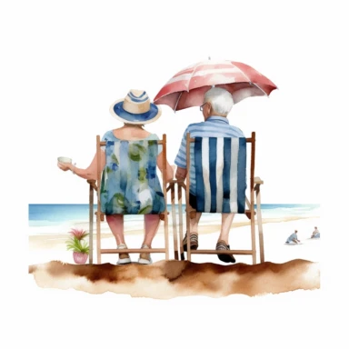 Old Couple on Beach Chair Watercolor Sublimation Clipart, Clipart, white background, no watermark, no text, no word,