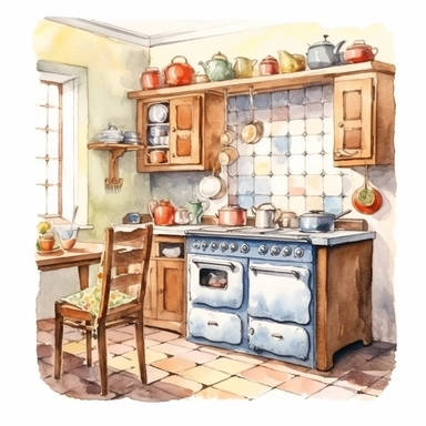 watercolour old kitchen, clipart on white background, no watermark, highly detailed, professional color gradation, clean sharpness