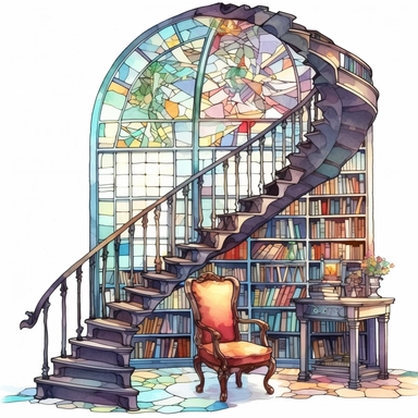 watercolor clipart, library, bookshelves, stained glass windows, spiral staircase, chairs, light aesthetic, detailed, UHD, 8K, 3D, solid white background