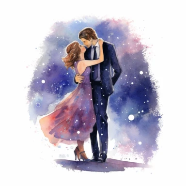 closeup photo of wedding couple in watercolor, Slim couple sharing a romantic dance under a starry night sky, watercolor, Pixar style, Clipart on a white background
