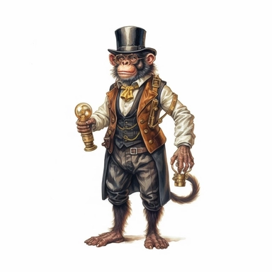 professional gouache hand-painted full body illustration of a steampunk chimpanze-man, Victorian clipart, isolated against white background, accurate, natural form, simple playful style, deep colour, softly lit by golden hour sunlight