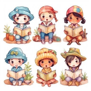 Many different nationality Cute little children reading a book, folk art, watercolor, clipart elements, kawaii, white background