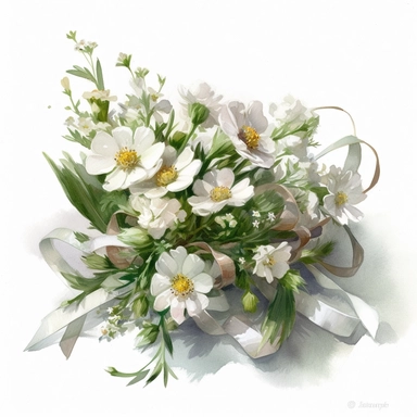 a simple gorgeous white wildflowers and white flowers corsage with ribbon and greenery on white background clipart, color theme white and green, watercolor painting realistic, high quality, vibrant, Vicente Romero Redondo, Willem van Aelst, Elsa Beskow