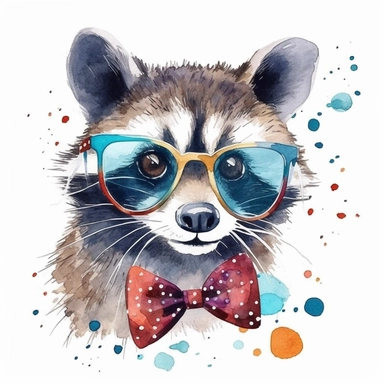 please create watercolor clipart of a raccoon smiling, wearing party GLASSES AND BOW TIE and bubbles, colorful, WHITE BACKGROUND