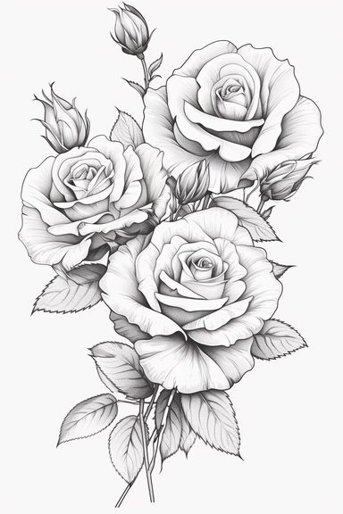 line drawing clipart of roses in black and white