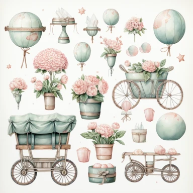 watercolour, baby theme, clipart, soft and muted pastel nuances, white background