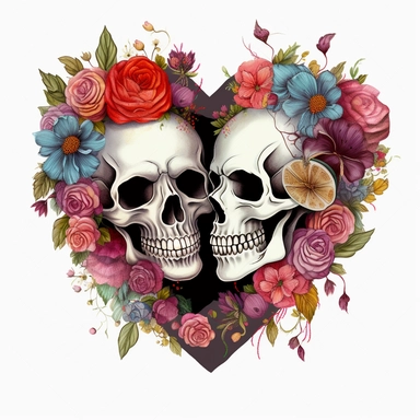 Heart of Skulls and Flowers Sublimation Clipart, Clipart, white background, no watermark, no text, no word,