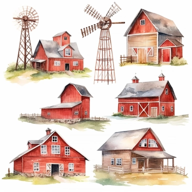 Watercolor Barns Clipart. Farm Style. Red Barn House, Horse, Tractor, Windmill, Wood Gate Illustrations. Wedding Invitation DIY white background