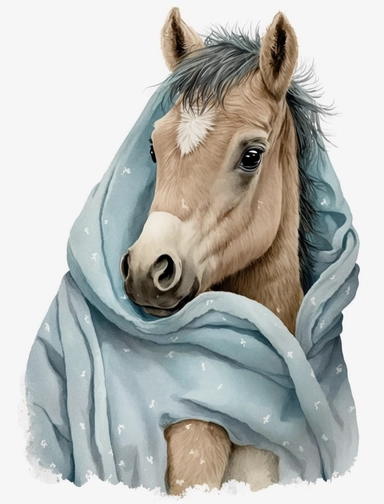 baby horse in a blanket, watercolor clipart, transparent background,