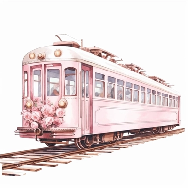 hand drawn , watercolor, hyper realistic, white background, white margins, 16k, ultra detailed clipart, cut out image, hand-drawn, ultra HD, sharp and clean art a vintage train with delicate floral , capturing the romantic and feminine aesthetics often associated with vintage fashion and travel. light pink pastel