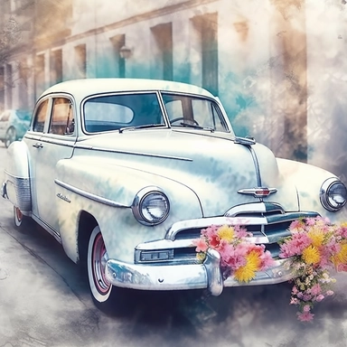 Romantic photo-realistic watercolor car, retro style, vintage, white color, Cuban style, wedding flowers, illustration, vintage, translucent, multi-layered, bright colors, fashion photography, watercolor clipart - - no watermarks, no text