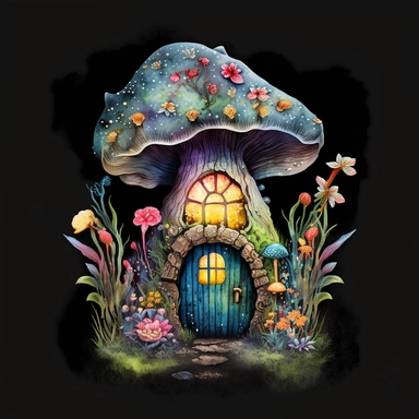 Watercolor clipart on black background of an enchanted gnome mushroom, with a hidden door leading to a miniature world