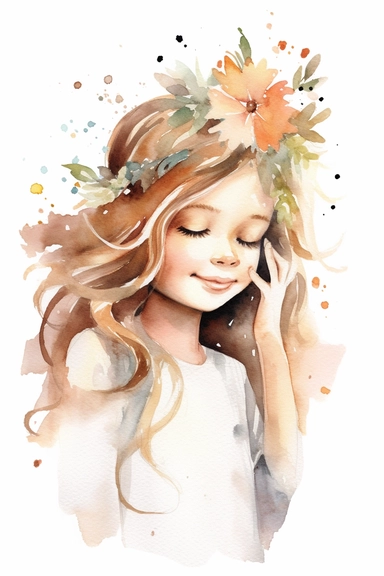 watercolour clipart of a girl , the sweet and scatterbrained dreamer, with a great sense of humor. She immerses herself in the world of digital design, creating exquisite papers for scrapbook albums. Though she may often forget things, her delicate touch and gentle nature shine through her artistry, make her smile and exalted mood, white background, high quality, 8k, f1