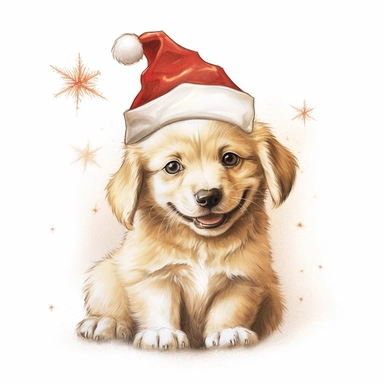a small cute smiling puppy, wearing a Santa hat, color pencil sketch on a white background for clipart, small red and gold stars
