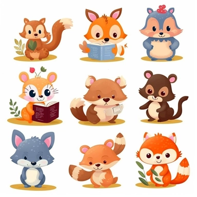 Create a set of clipart featuring cute animals engaged in various activities like reading a book, playing with a ball, gardening, or cooking. These versatile and adorable animal illustrations can be used in various educational materials, children's books, or crafting projects.