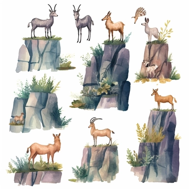 Watercolor wild goats climbing rocks in mountain , illustrations clipart set, simple , cartoon elements, rocks, bushes , different variants , , separate elements with a margin