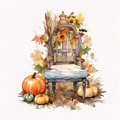 watercolor mixed media masterpiece kitchen beautiful white rustic chair, richly decorated with pumpkins, gourds, and Indian corn, field, landscape, provence, golden accents, shabby shic style, by Vladimir Kush style and by Daniel Ridgway Knight style and by Nicholas Hely Hutchinson style and by Andrew Wyeth style, Baroque style, PNG clipart, isolated on white, extreme photorealistic details, 32k HD resolution, realistic high detailization high resolution, white background, isolated image,