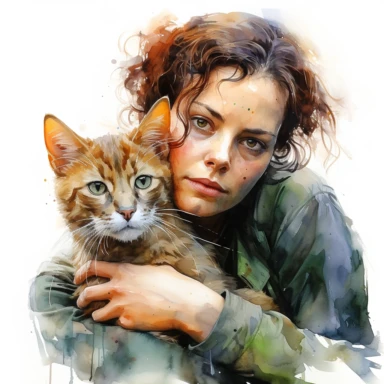 Sigourney Weaver like Ripley with Jonesy cat, character from movie Alien, watercolor painting, cinematic lighting, clipart, white background
