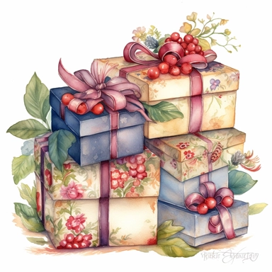 insanely beautiful pile of 3 gift packages , in the style of beatrice potter and jody Bergsma,32k uhd, hand-painted details, pastoral illustrations, amazing colour combinations , aquarellist, hd , white background clipart ,-- no watermark--ar 27:37