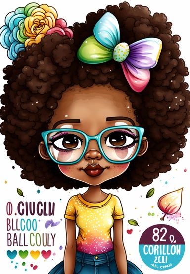 2d watercolor clipart kawaii, spring, april, character of beautiful african american woman, Intricately rendered dark Skinned woman, full body portrait, intricately rendered, 8k, short thick curls brown hair, sparkles, generously detailed, hyper realistic, digital, long rainbow eye lashes, beautiful retro comic urban chick, asymmetrical, smart, books, nerdy, glasses, 4k,
