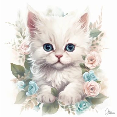 super cute newborn baby white fluffy kitten clipart with huge cute baby blue eyes extremely happy excited smiling mouth painted in watercolor style, splashes, muted pastel blush pink and muted pastel sage green and muted pastel sage blue eucalyptus and peony flowers, white background jasmine becket griffith style hyper-realistic photorealistic hd