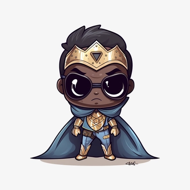 zeeb labs art style boy, super hero, tiny chibi body with diamond suit, dark skin tone, crown, Mask, smerk, super long cape, clipart, sticker, no background, hd