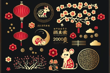 chinese new year design element set rat mouse fireworks cloud lantern flower blossom plum red gold gold coin zodiac signs symbol animal happy 2023 holiday lunar japanese korean vietnamese style traditional geometric text isolated clip art collection bundle silhouette hand-drawn art vector illustration graphic print concept flat line realistic high quality detailed