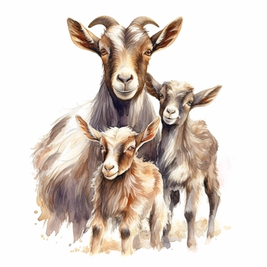 new born baby dwarf Nigerian goats with their mother, very detailed and realistic, watercolor, white background with margins, clipart style