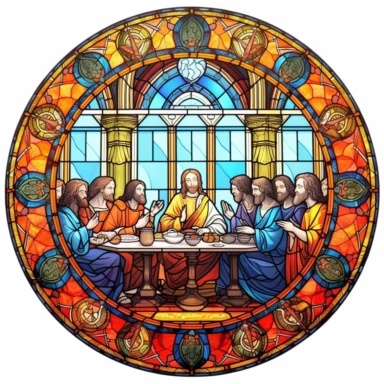Beautiful Colorful Stained Glass The Last Supper of jesus Sublimation Clipart ,Cartoon,hyper realistic, intricate detail, illustration style,high solution,on the white background