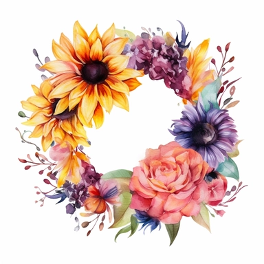 Hydrangea, Sunflowers, Gladiolus, and Dahlias watercolor flower wreath, clipart, vibrant multicolored, aesthetic, realistic detail, white background