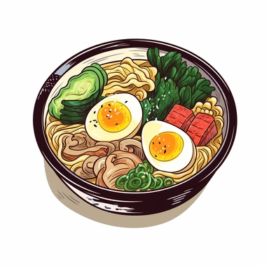 Picture an enticing ramen clipart featuring a brimming bowl of the beloved Japanese noodle soup. The intricate artwork shows the different textures and colors in the dish, from the silky noodles to the lustrous slices of roast pork, the soft yellow of the halved ramen egg, and the vibrant greens of the scallions. The image is presented against a stark white background, allowing the ramen to steal the spotlight.