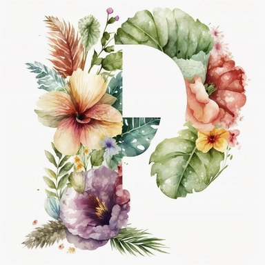 Watercolor botanical flower letter P, clipart, colorful, white background