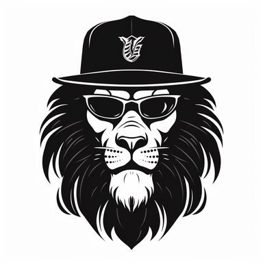 2D Black logo on a white background. Black lion man hybrid with cap and sunglasses Clipart. NO SHADING. KEEP THE LOGO SIMPLIFIED