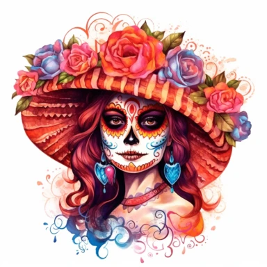 Day of the dead la catrina in the style of water color painting, vibrant colors, on a white background style by Lucy Fleming, watercolor, smooth gradients, black contour outline, ultra detailed, clipart elements, delicate pastel colors, solid white background, super clear, high quality
