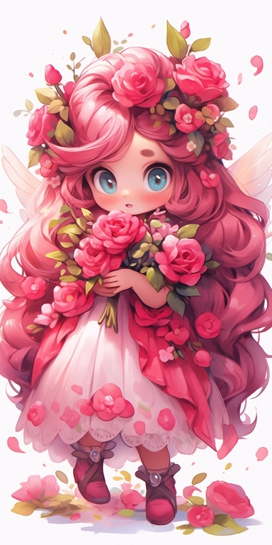 Watercolor beautiful wild roses fantasy forest fairy girl with beautiful face and big eyes with flowers, with angel wing, chibi kawaii animated style, vivid vibrant colors, intricate detail, hyper detailed, hyper quality, 32K, unreal engine, isolated on white background, kawaii, clipart