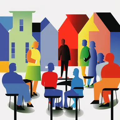 a group of people walk through a neighborhood pointing and talking at different features and amenties. Each person is a different bright primary color in a clipart style. Very simple geometry and almost abstract.