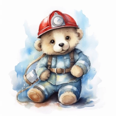 watercolor clipart white background moving living standing blue cartoon firefighter bear birthday in toy firefighter