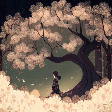in the style of Ryo Takemasa, xuan loc xuan, Lisa Audit, Anastasia Suvorova, Jon Klassen, greg tocchini, single lady under sakura tree at night, fantasy, limpid, magical, mysterious, white background, vector, clipart, elaborate, ultra-detailed, best quality illustration, vibrant colors, high definition, UHD