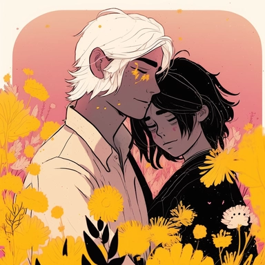Dreamlike hyper realistic illustration of a couple in love embracing. The man has black hair. The girl is has white hair. In a field of pink and yellow flowers. Flat colors, simple lines, gorgeous lighting, graphic novel style, 2d painting, ink painting style, digital art, childrens character design, happy mood, pixar style cartoon, line work, minimalist, watercolor, 8k, PNG, clipart on white background, sticker style, studio ghibli vibe, studio ghibli style,
