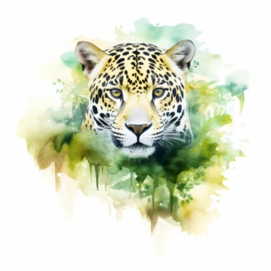 watercolor clipart, white background, a stunning jaguar, showcasing its wild beauty amidst the rainforest