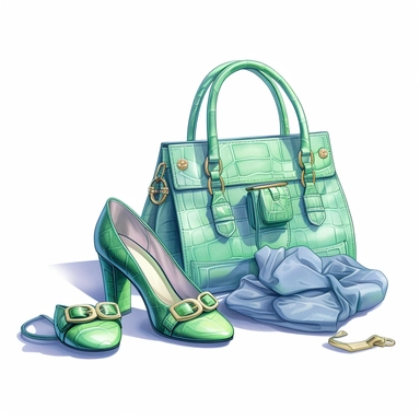 colorful mix light blue green woman bag, blue shoes, clipart style, fashion accessories bag, procreate illustration, on white background, hyper detailed, high resolution, illustration