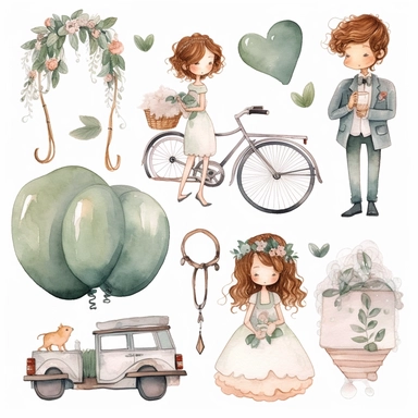 Wedding rings tied with a ribbon, cute wedding illustrations clipart set, ILLUSTRATIONS FOR THE BOOK, cartoon elements, different variants, girl with long hair in a wedding veil, wedding, husband and wife Love, Hearts balloons, veil, garland, wooden elements, sit on a bench, on the car, white transparent background separate elements with a margin Watercolor