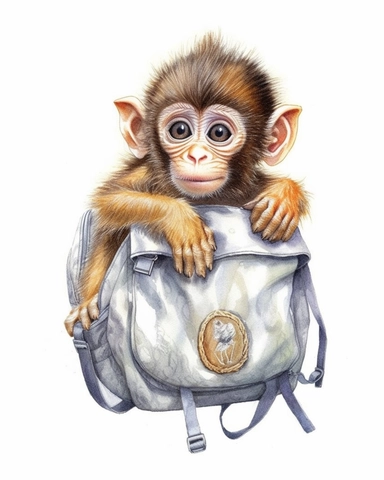 detailed watercolor Baby Monkey with school bag , hyper realistic, isolated on a white background, clipart