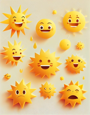 Vector sun emotion cartoon character set faces yellow suns solar funny childish abstract vector clipart-3d clean background vetor pastel color holographic