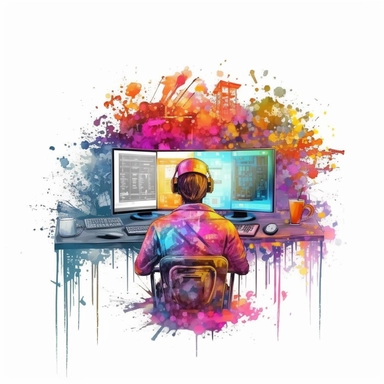studio logo of programming colorful code getting out of a computer's screen clipart , boho style, in style of Watercolor and ink outline